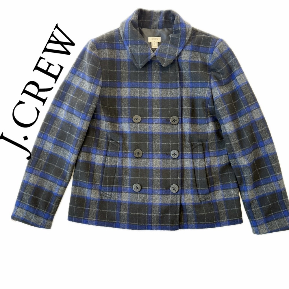 J. Crew Blazer Peacoat Plaid Blue/Gray Double Breast Wool Blend Dark Academia